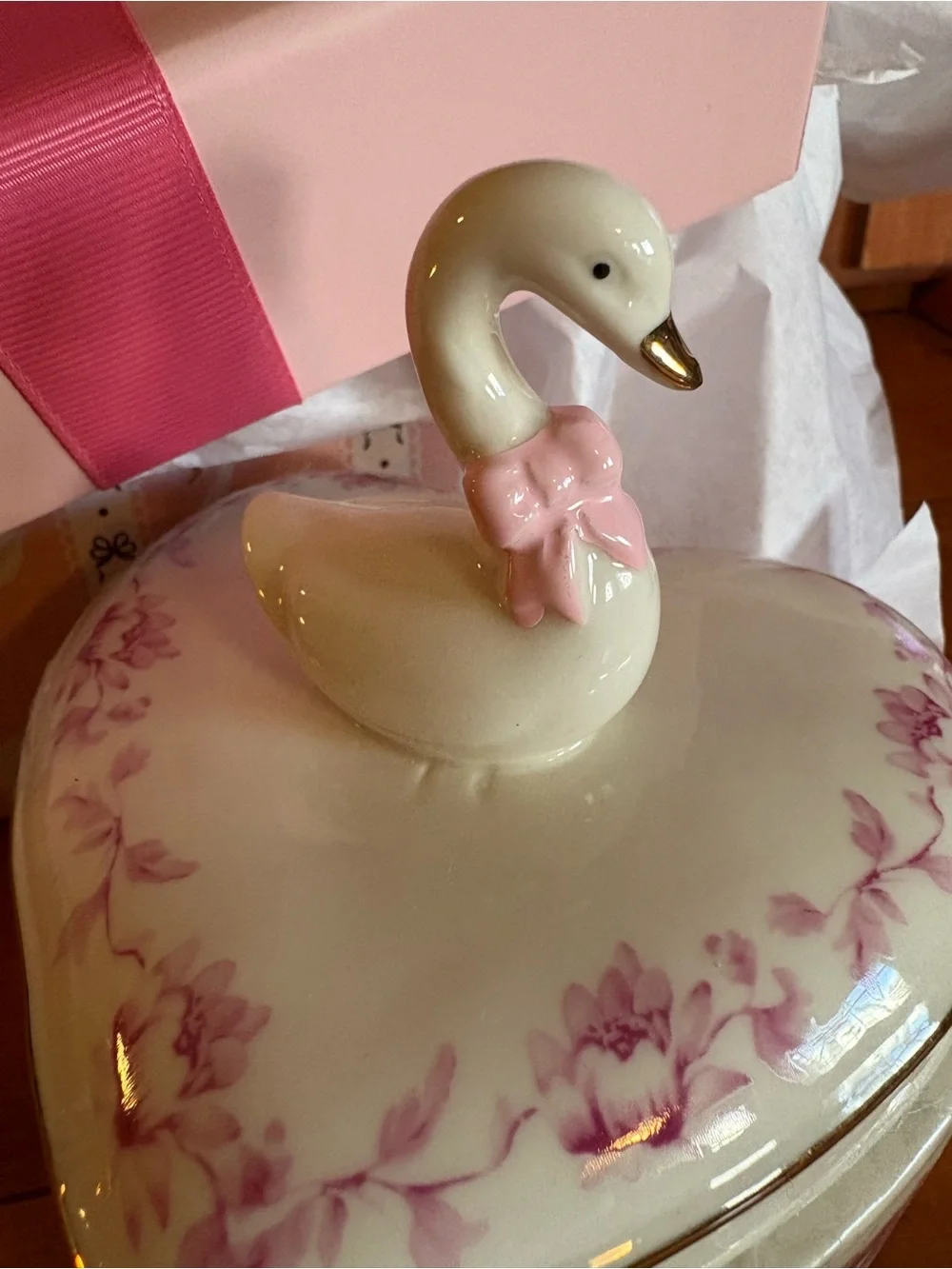 Porcelain Swan Heart Jewelry Trinket With Gift Box, Pink Floral Romantic Gift